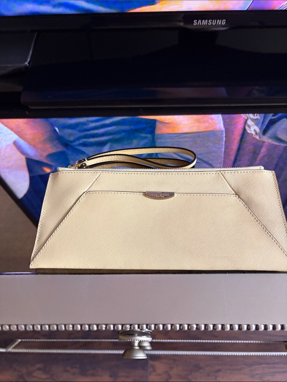 Henri Bendel Cream Saffiano Wristlet Clutch